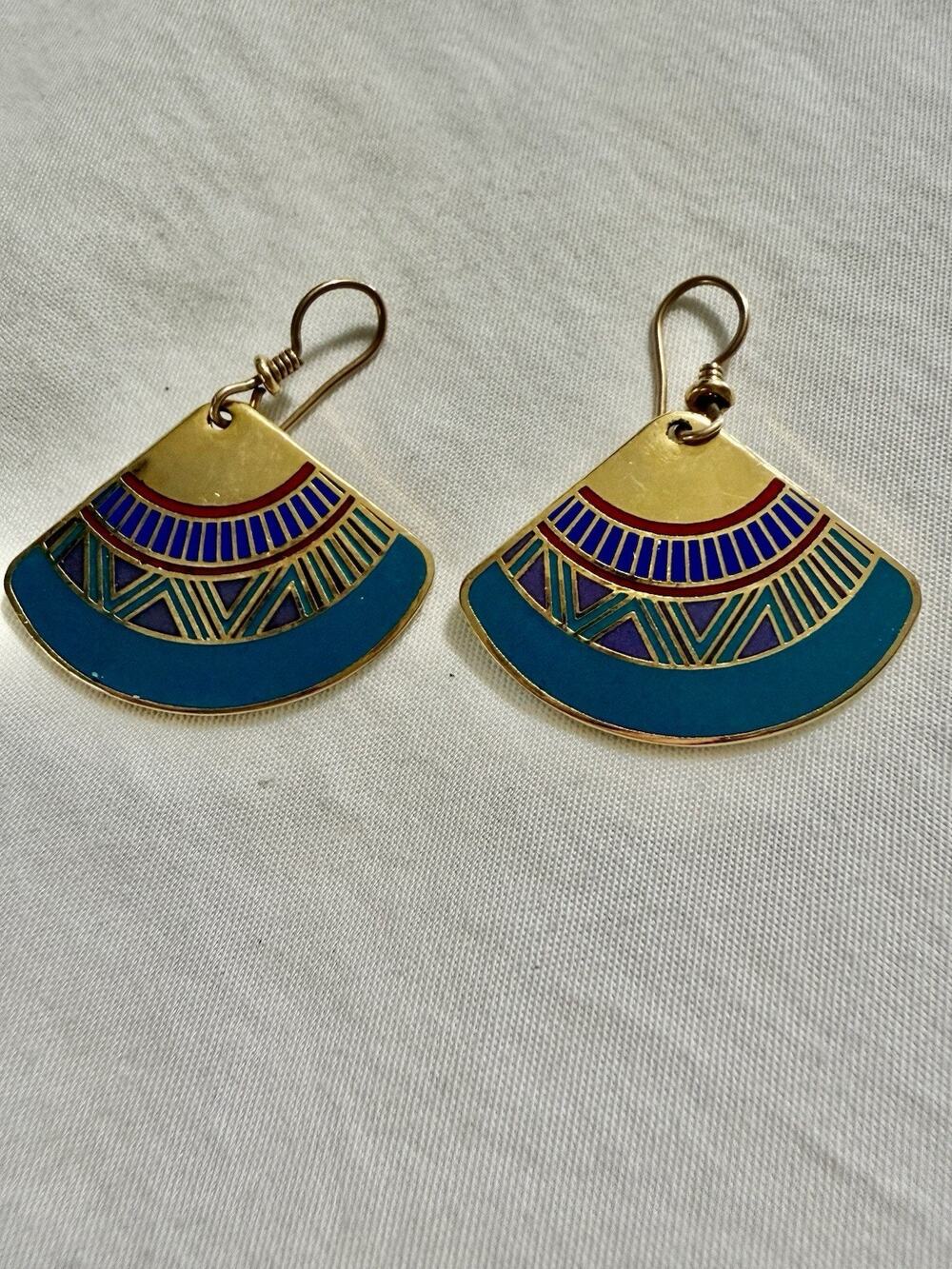 Vintage Laurel Burch Enamel Dangle Earrings Mali Fan Turquoise Gold Excellent